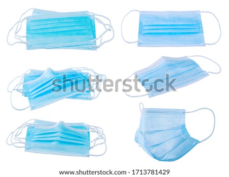 
Collection of Blue medical masks isolated on white background, Corona protection, against pollution, virus, flu,