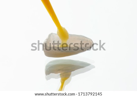 Bonding procedure of preparing porcelain laminated veneer before installation in patient mouth, close up dental photography with white background. Royalty-Free Stock Photo #1713792145