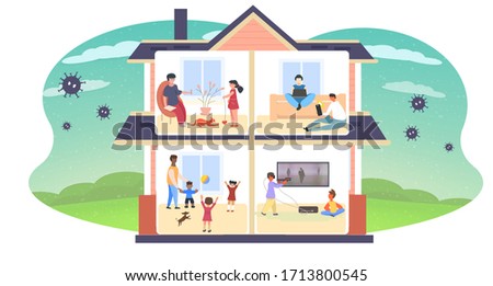 СOVID-19 and Home Holidays with Family during self-isolation mode. Children play ball with puppy. Teenagers play video game. Newlyweds chatting with friends. Girl plays with cat. Home isolation. Flat. Royalty-Free Stock Photo #1713800545