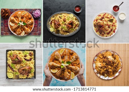 Collage from different pictures of Arabic traditional food bowls Kabsa with meat.