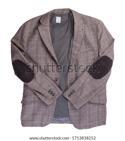 brown jacket with buttons and a graphite t-shirt isolated on a white background. Casual style top view