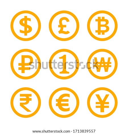 money symbol set isolated on white, international, currency icon yellow gold, golden money emblem for financial clip art, money currency sign dollar, euro, baht, yen, one, 1, won, rupee and others