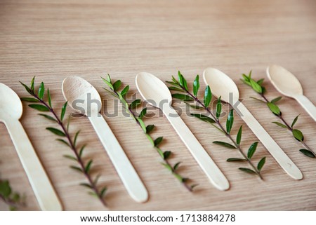 eco-friendly, disposable food items, light wood spoons, with space for text and space for copying
