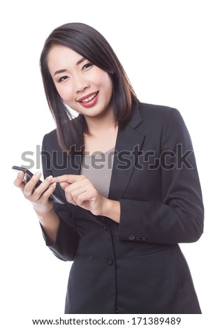 Young business woman holding  smartphone on white background