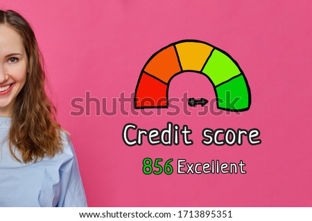 Credit score excellent concept - girl on a white background with icons and text. Close up.