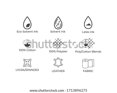 Textile Icon Set of Eco-Solvent Ink, Latex Inc, Cotton, Polyatomic, Spandex, Lather, Fabric Royalty-Free Stock Photo #1713896275