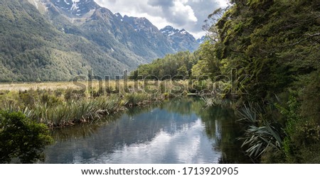 Small lake view framed by trees on the right and mountains on the left. Photo taken at Mirror Lakes in Fiordland National Park, New Zealand