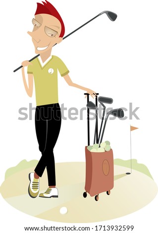 Smiling golfer man on the golf course illustration. Cartoon golfer man with golf bag and golf club on the shoulder isolated on white
