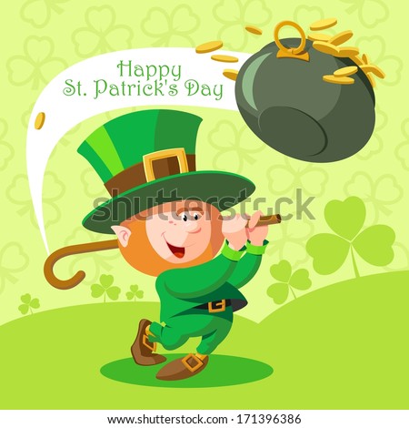 Card St. Patrick's Day. Cute leprechaun playing golf. Pot of gold coins