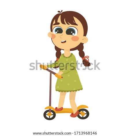 Cute little girl in a green dress rides a yellow scooter. Cartoon flat vector illustration isolated on white background.