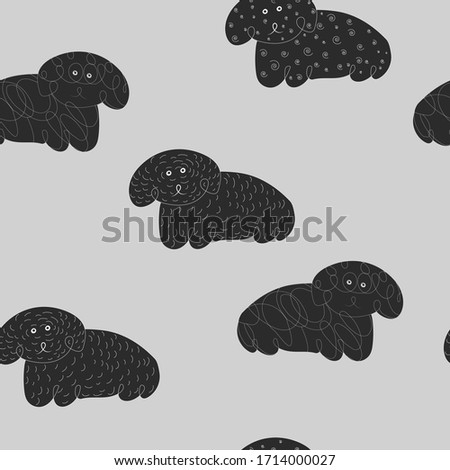 Seamless pattern with funny hand drawn vector dogs. Doodle style. Isolated on grey background.