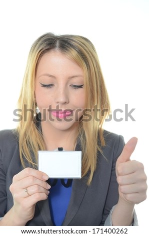 Young businesswoman with identification card isolated