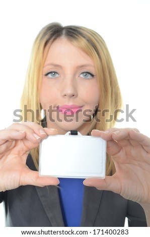 Young businesswoman with identification card isolated