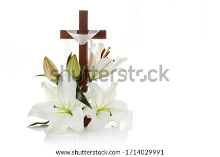 Cross with lilies isolated on white background for decorative design. Spring background. Easter card. Royalty-Free Stock Photo #1714029991