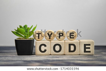 TYPE CODE - text on wooden cubes, green plant in black pot on a wooden background