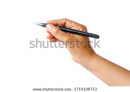 Close-up of a woman's hand holding a pen and writing gesture on a white background with the clipping path. Royalty-Free Stock Photo #1714108753