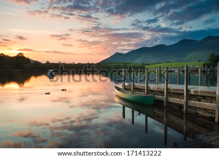 Derwent Water and dramatic mountain backdrop, Lake District, UK.