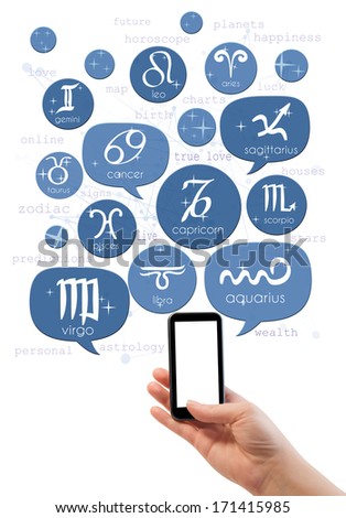 Hand holding smartphone with online astrology site template 