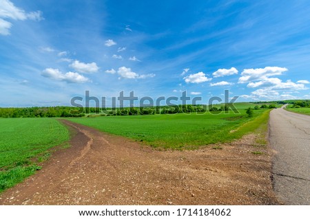 Spring photography, old asphalt road cracked by old age. It has a brown tint from the sun, wind and frost. crops grow along the edge of the road. Landscape charm calls for travel