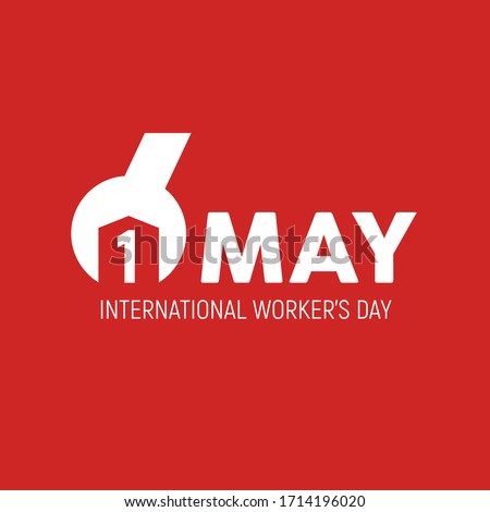International workers day first of may modern minimalist banner, sign, card, concept, design with white text and blue background.