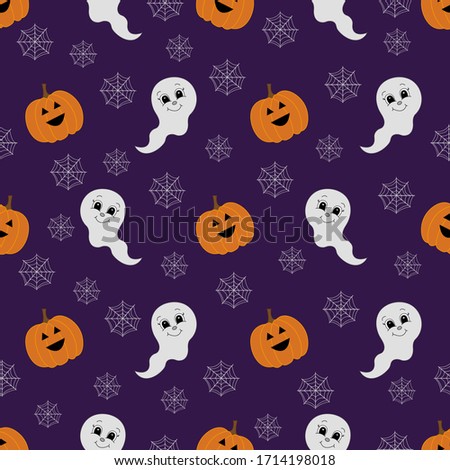 Seamless pattern with pumpkins, spiderweb and ghost. Halloween background. Vector illustration.