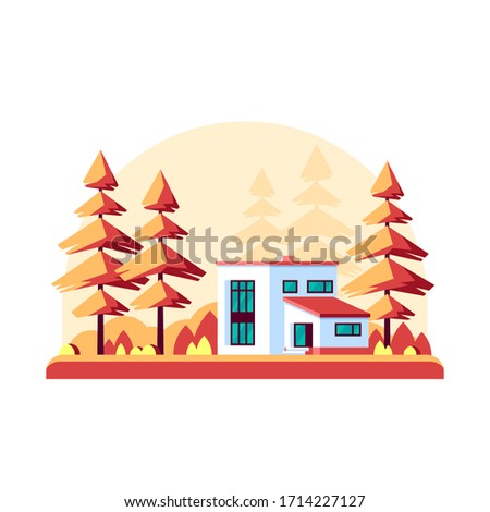 Autumn landscape with pine trees and modern villa isolated on white background. Modern house, forest home, real estate concept design. Flat style vector illustration