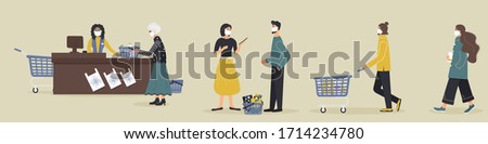 Grocery store during epidemic of virus.Cashier in protective medical mask is behind cash register serves customers who are waiting in line at a safe distance.Teller's workplace in supermarket.Raster