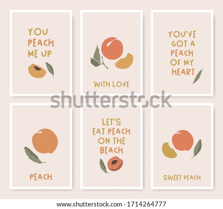 Peach quote cards set with hand-drawn fruit icons and whimsical text. Nature food composition in minimalistic style. Print poster plant illustrations.