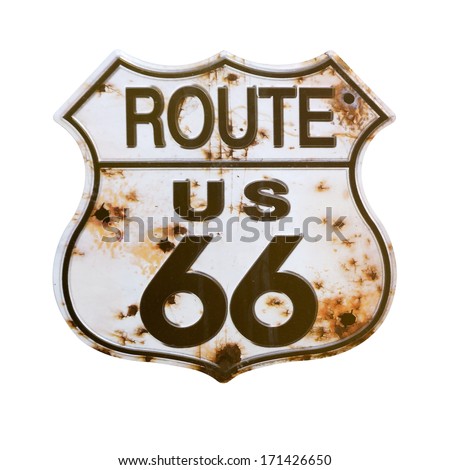 Old rusted Route 66 Sign.Isolated with a clipping path.