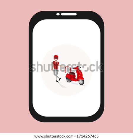 illustration of mobile telephones, couriers and motorbike shippers, in cartoon style. illustration of shipping services.