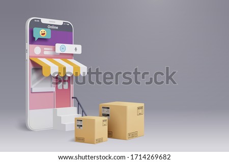Online shopping by smart phone, the shop retail can be use internet to present product on customers phone, vector art and illustration. Royalty-Free Stock Photo #1714269682