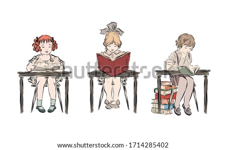 Schoolchildren sit at their desks and read textbooks. Children study. Boy and two girls with books. Clip art in retro style. 