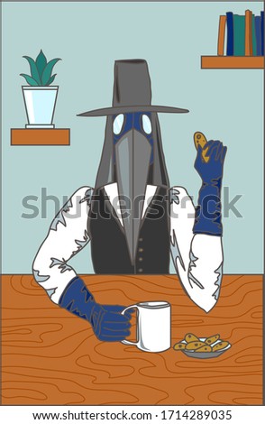 Plague doctor picture with a medieval character drinking tea with cookies.