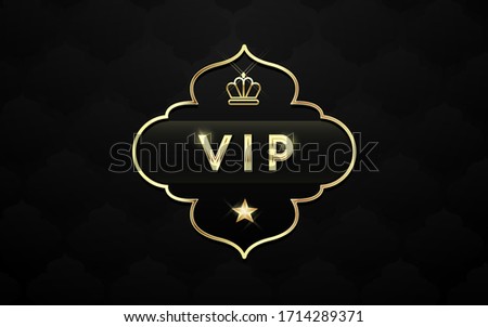 Vip black glass label with golden crown and frame on a black pattern background. Luxury template design. Vector illustration.