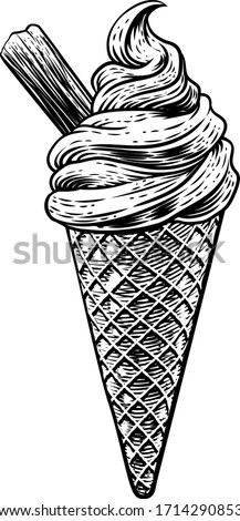 An ice cream cone with chocolate in a vintage retro woodcut etching style