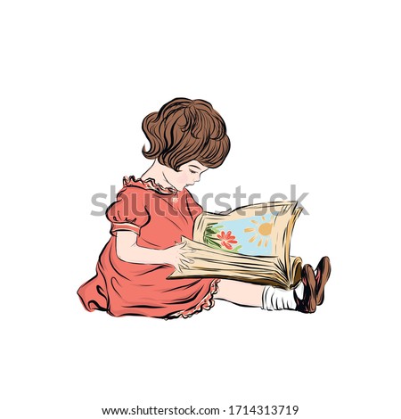 Little girl reading a book. Child in retro style sitting on the floor. 