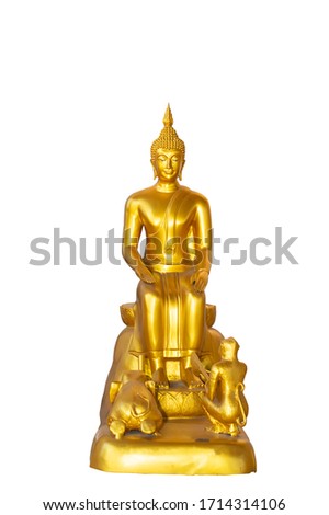 Golden Buddha statue on sitting  isolated on white background