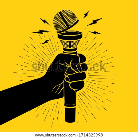 Arm black silhouette holding microphone with opened cup. Open mic concept. Isolated on yellow background. Vector illustration