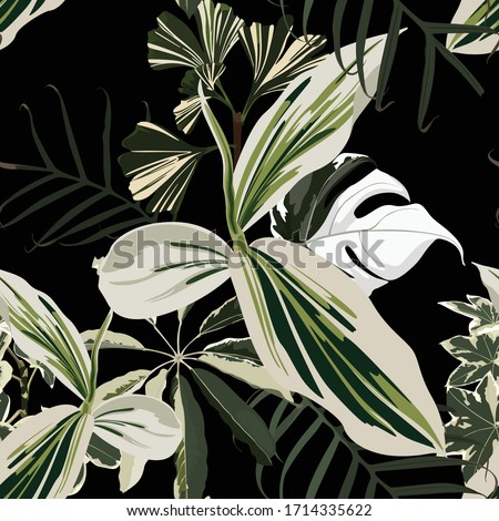 Seamless pattern with traditional homeplant ficus, Ginkgo biloba and palm leaves. Endless texture o black background.