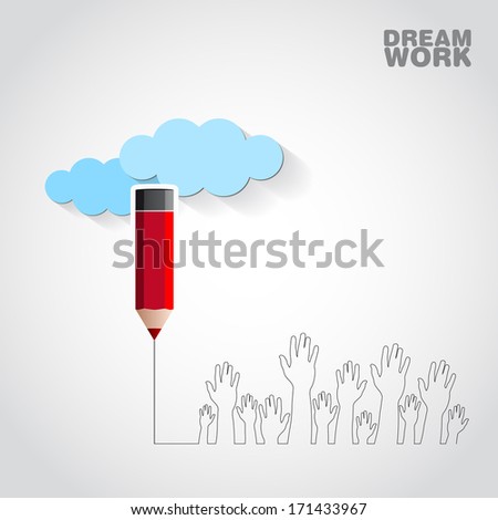Conceptual dream work identity illustration  - pencil and hands with clouds idea