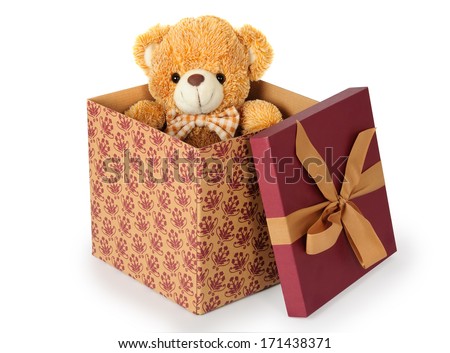 Teddy bear in a gift box on white background