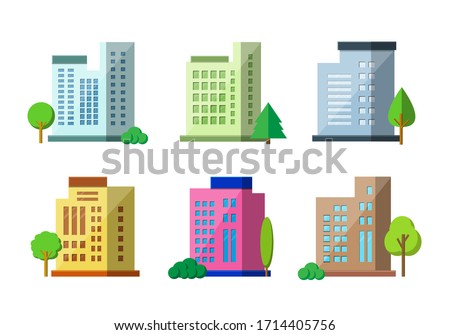 Flat architecture on white background, Colorful company building and tree vector set, Modern construction colection city and town design Royalty-Free Stock Photo #1714405756