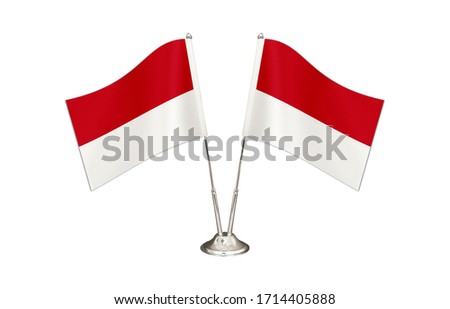 Monaco table flag isolated on white ground. Two flag poles with flags and Monaco flag on the table.