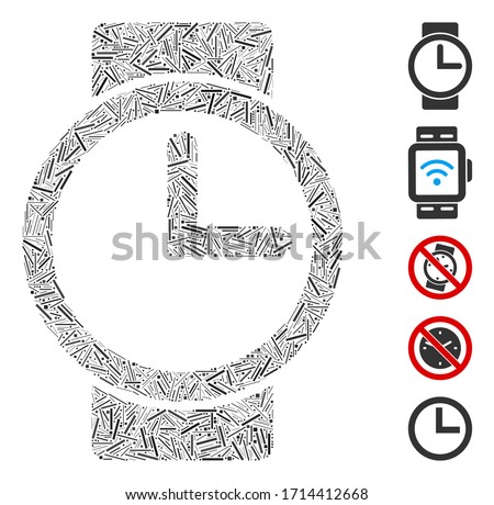 Linear mosaic watches icon constructed from thin elements in variable sizes and color hues. Vector hatch elements are combined into abstract mosaic watches icon. Bonus pictograms are added.