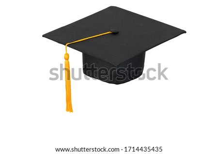 Black hats, golden tassels of university graduates on isolated background and clipping path Royalty-Free Stock Photo #1714435435