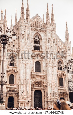 Milan, Italy - May 16, 2018: Duomo di Milano Cathedral in Duomo Square. (Piazza del Duomo or Duomo Square). Milano, Italy.