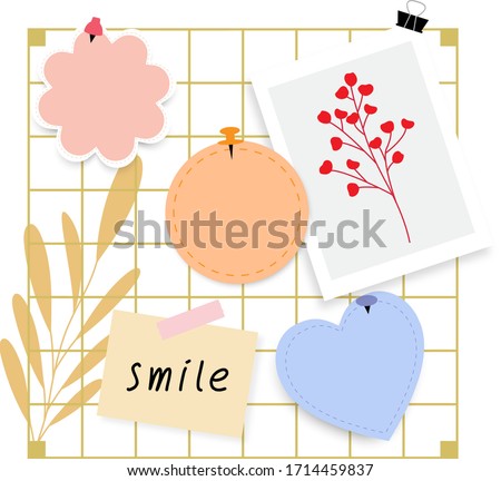 Collection of flat colored paper notes, notepads and paper sheets on decorative board. Paper cut style vector illustraion