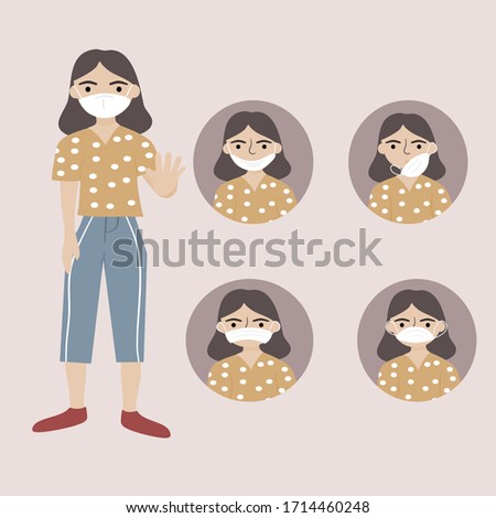  Coronavirus or Covid-19  epidemic concept. Young woman demonstrated wearing for masks that could not prevent viruses or air pollution. Vector illustration in a flat style.
