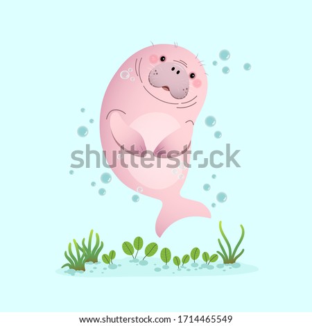 Vector illustration cute cartoon dugong swimming underwater with seagrass.