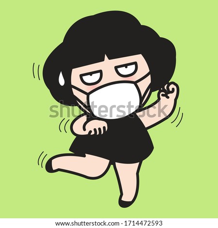 Depressed Girl With Medical Face Mask, Dancing To Help Ownself Relieving And Preventing Extreme Stress During Confinement Or Quarantine Period Concept Card Character illustration